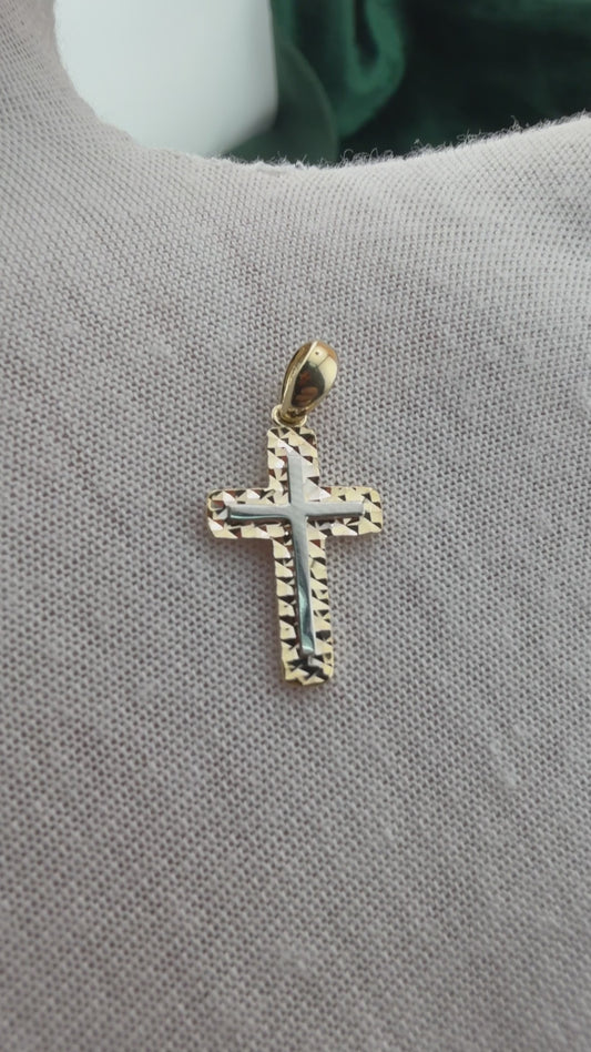 14K Two-Tone Gold Cross Pendant – Real Solid Gold Religious Char