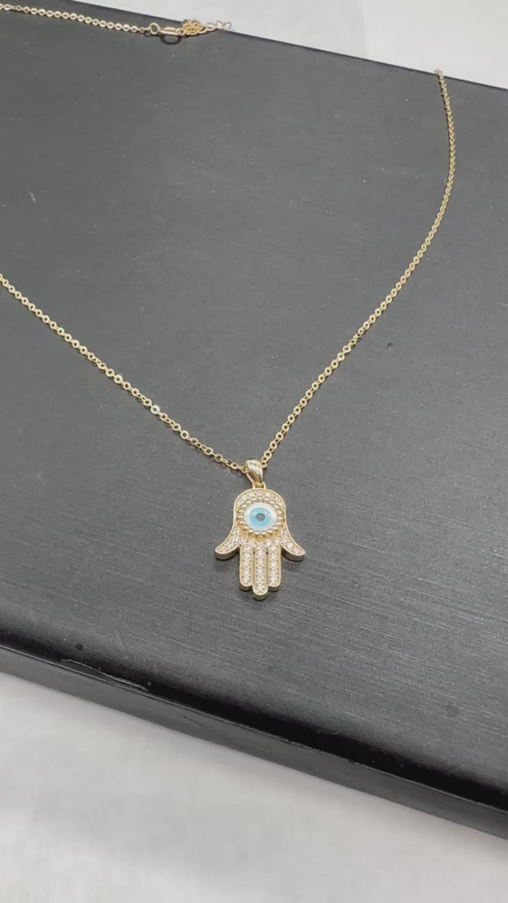 14K Gold Evil Eye CZ Hamsa Necklace