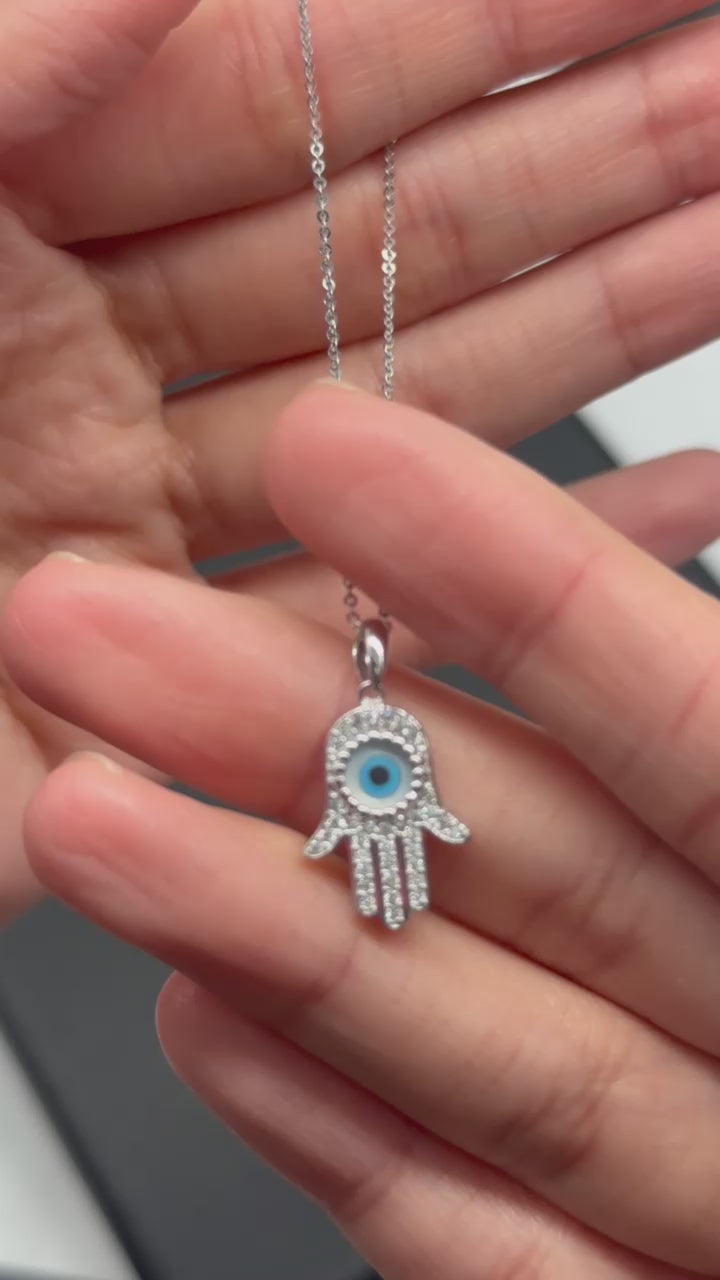 14K White Gold Evil Eye CZ Hamsa Necklace