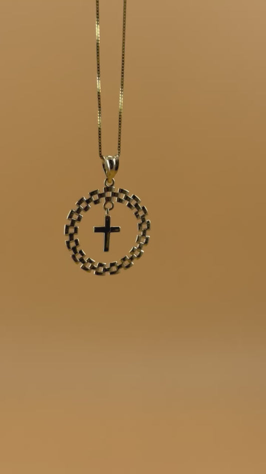 14K Gold Round Link Cross Pendant